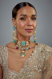Gold Finish Kundan Polki Choker Necklace Set