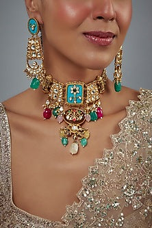 Gold Finish Kundan Polki Choker Necklace Set