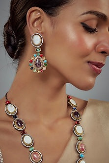 Gold Finish Zircon & Ruby Stone Long Necklace Set