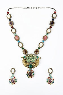Gold Finish Zircon & Ruby Stone Long Necklace Set