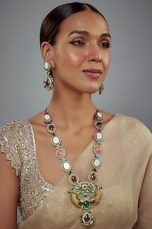 Gold Finish Zircon & Ruby Stone Long Necklace Set