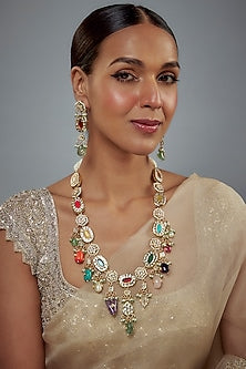 Gold Finish Zircon & Ruby Stone Long Necklace Set