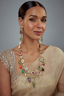 Gold Finish Zircon & Ruby Stone Long Necklace Set