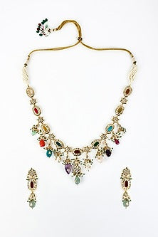 Gold Finish Zircon & Ruby Stone Long Necklace Set
