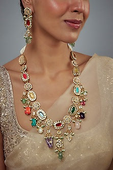 Gold Finish Zircon & Ruby Stone Long Necklace Set