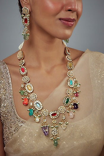 Gold Finish Zircon & Ruby Stone Long Necklace Set