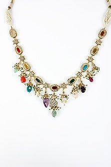 Gold Finish Zircon & Ruby Stone Long Necklace Set