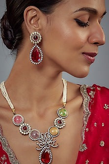 Gold Finish Zircon & Ruby Stone Long Necklace Set