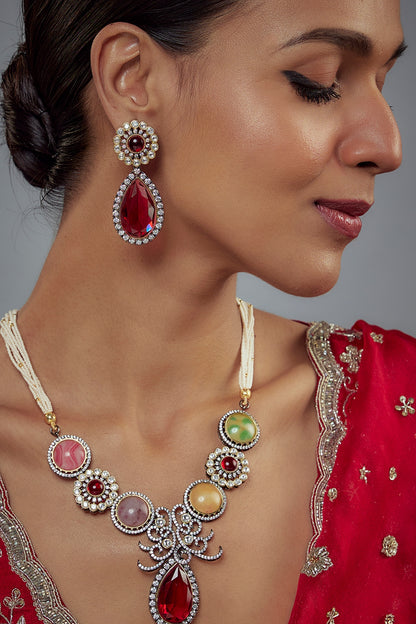Gold Finish Zircon & Ruby Stone Long Necklace Set
