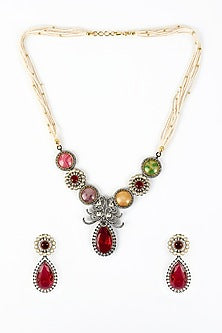 Gold Finish Zircon & Ruby Stone Long Necklace Set