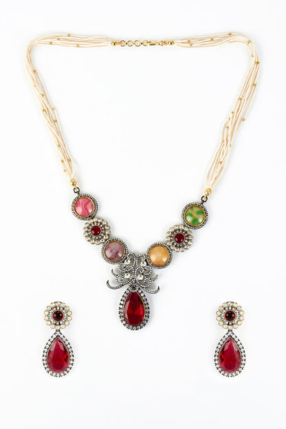 Gold Finish Zircon & Ruby Stone Long Necklace Set