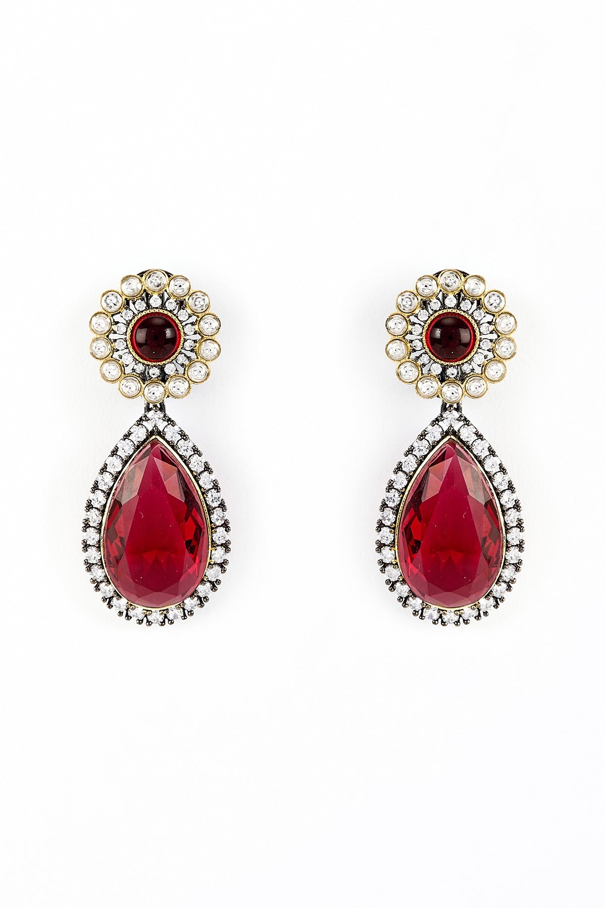 Gold Finish Zircon & Ruby Stone Long Necklace Set