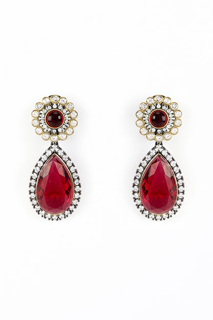 Gold Finish Zircon & Ruby Stone Long Necklace Set