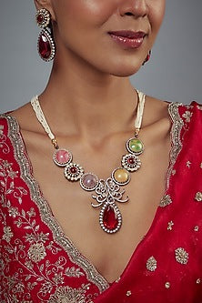 Gold Finish Zircon & Ruby Stone Long Necklace Set