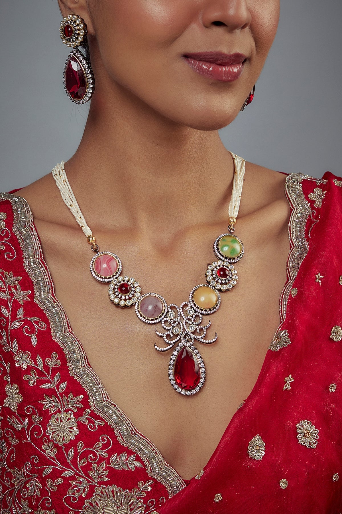 Gold Finish Zircon & Ruby Stone Long Necklace Set