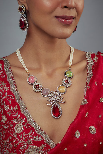 Gold Finish Zircon & Ruby Stone Long Necklace Set