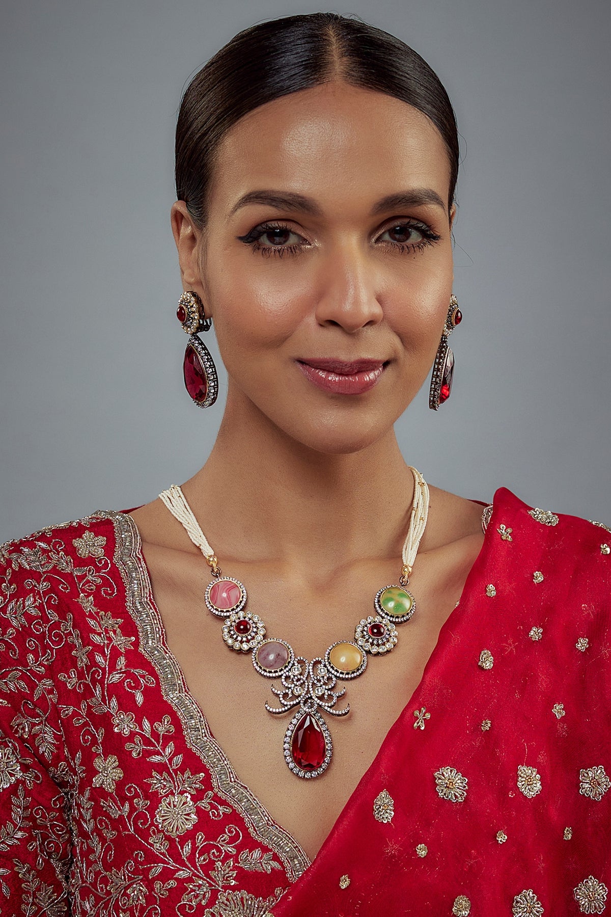 Gold Finish Zircon & Ruby Stone Long Necklace Set