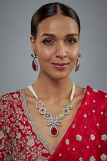 Gold Finish Zircon & Ruby Stone Long Necklace Set