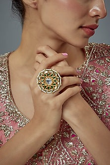 Gold Finish Kundan Polki & Pearl Ring