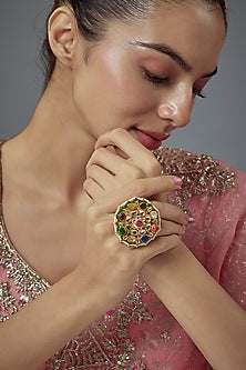 Gold Finish Kundan Polki & Pearl Meenakari Adjustable Ring