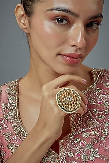 Gold Finish Kundan Polki & Pearl Meenakari Adjustable Ring