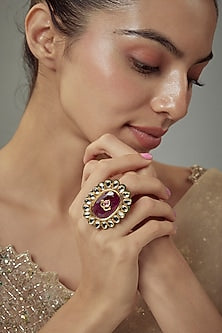 Gold Finish Kundan Polki & Pearl Meenakari Adjustable Ring