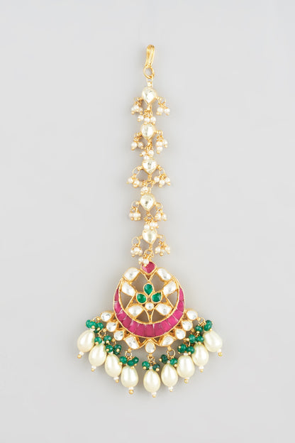 Gold Finish Ruby Stone & Pearl Drop Maangtikka