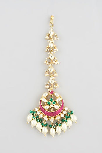 Gold Finish Ruby Stone & Pearl Drop Maangtikka