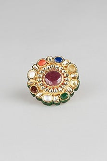 Gold Finish Kundan Polki & Navratna Stone Ring