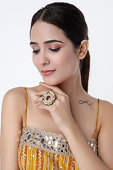 Gold Finish Kundan Polki & Navratna Stone Ring