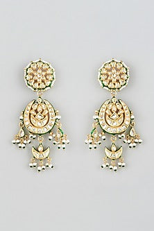 Gold Finish Kundan Polki Green Enameled Dangler Earrings