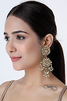 Gold Finish Kundan Polki Green Enameled Dangler Earrings