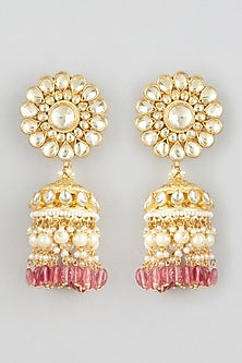 Gold Finish Kundan Polki & Pink Drop Jhumka Earrings