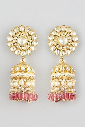 Gold Finish Kundan Polki & Pink Drop Jhumka Earrings