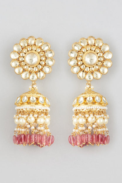 Gold Finish Kundan Polki & Pink Drop Jhumka Earrings