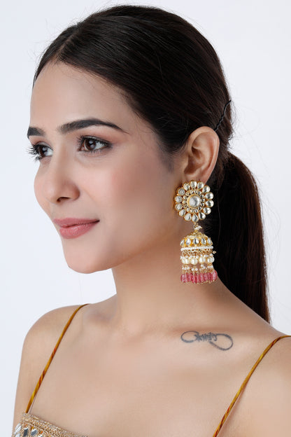 Gold Finish Kundan Polki & Pink Drop Jhumka Earrings