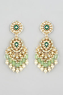 Gold Finish Kundan Polki & Green Stone Chandbali Earrings