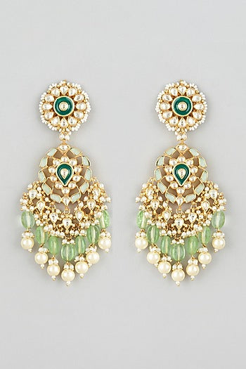 Gold Finish Kundan Polki & Green Stone Chandbali Earrings