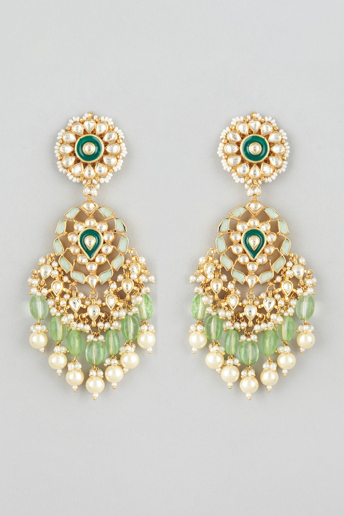 Gold Finish Kundan Polki & Green Stone Chandbali Earrings