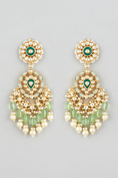 Gold Finish Kundan Polki & Green Stone Chandbali Earrings