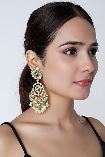 Gold Finish Kundan Polki & Green Stone Chandbali Earrings