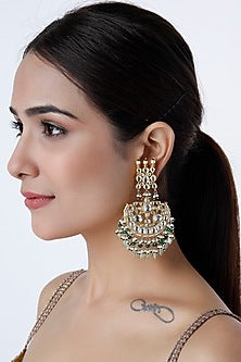 Gold Finish Green Kundan Polki Chandbali Earrings