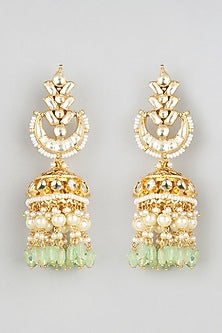 Gold Finish Kundan Polki & Mint Green Drops Jhumka Earrings