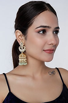 Gold Finish Kundan Polki & Mint Green Drops Jhumka Earrings