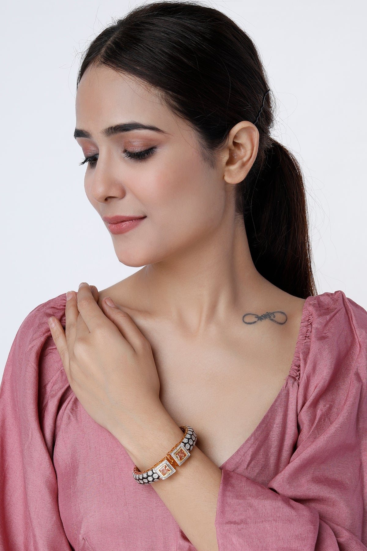 Gold Finish Zircon & Topaz Stone Enameled Kada