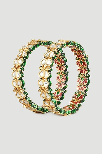 Gold Finish Kundan Polki Green Meenakari Bangles (Set of 2)