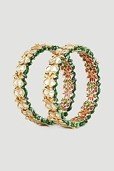 Gold Finish Kundan Polki Green Meenakari Bangles (Set of 2)