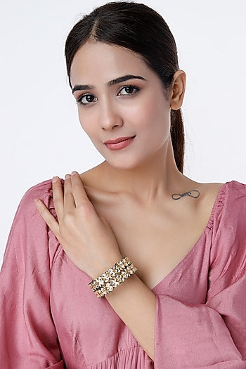 Gold Finish Kundan Polki Green Meenakari Bangles (Set of 2)
