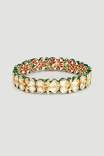 Gold Finish Kundan Polki Green Meenakari Bangles (Set of 2)