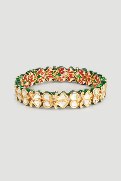 Gold Finish Kundan Polki Green Meenakari Bangles (Set of 2)